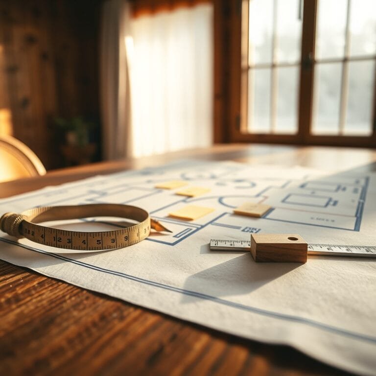 Floor plans for a tiny house on an oak table, with measuring tools and warm light creating a cozy atmosphere.