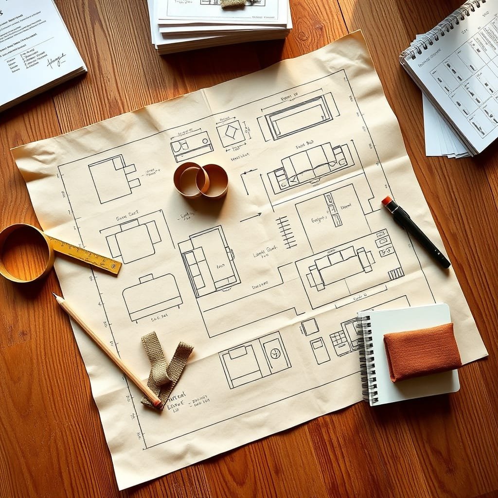 Overhead view of floor plans for a tiny house with sketches, tools, and fabric swatches on a warm oak table.