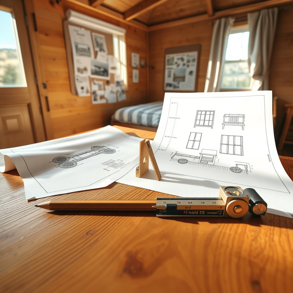 A sunlit work corner features drafting table with floor plans for a tiny house, tools, and sketches against warm pine paneling.