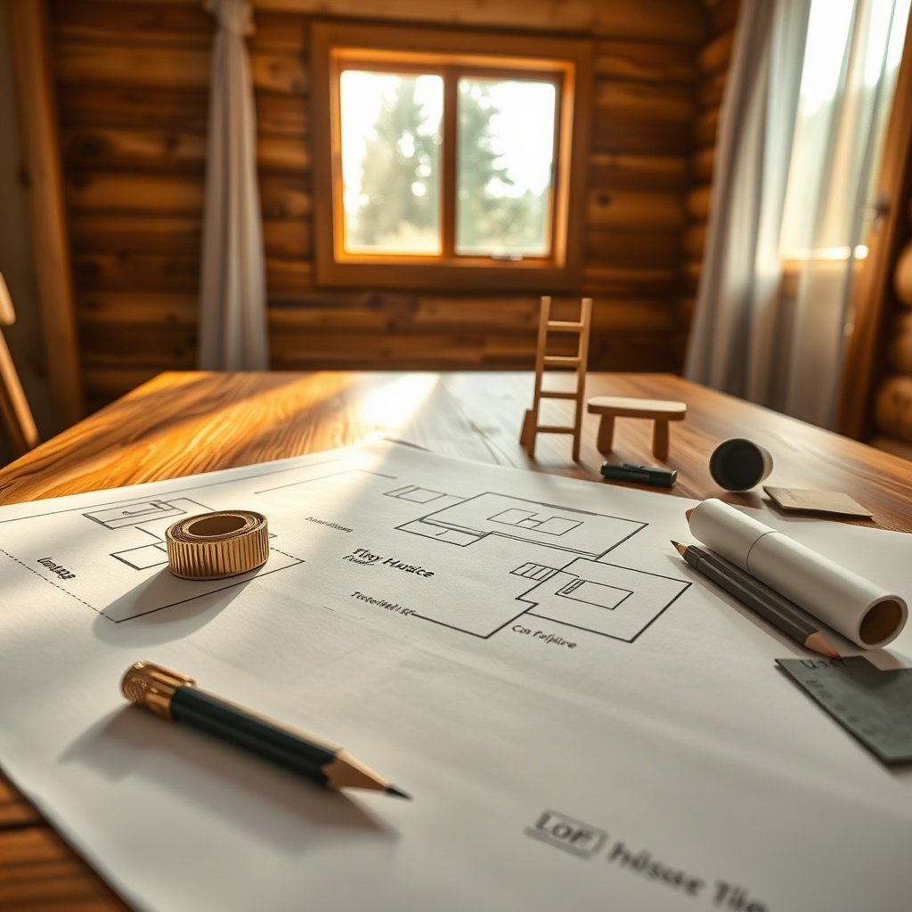 Floor plans for a tiny house on a sunlit table, surrounded by drafting tools and material samples, creating an inviting scene.