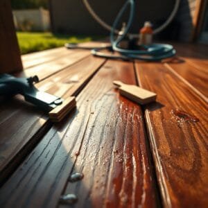 Freshly stained deck board glistens with wood grain; tools and sanding dust create a renewing atmosphere.