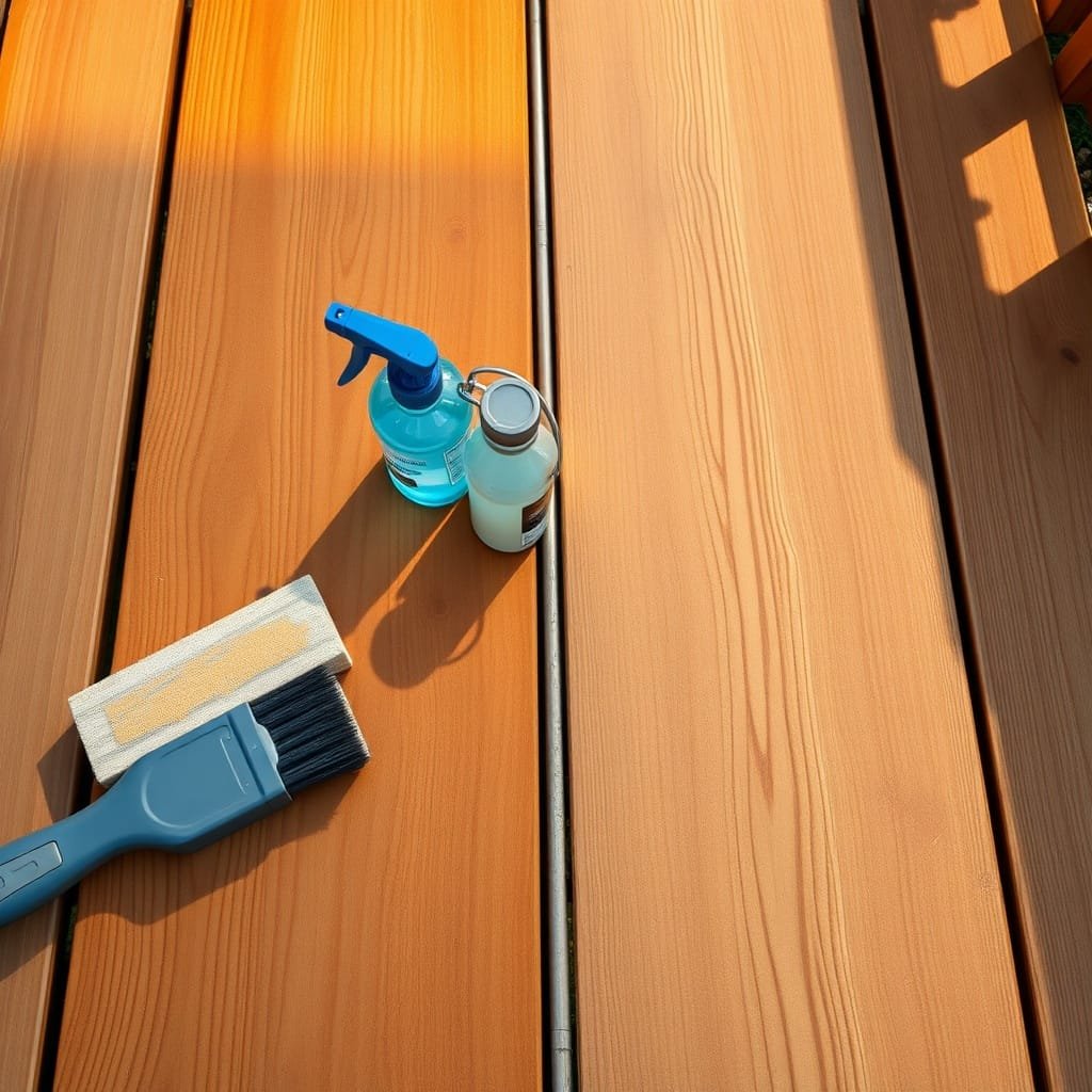 Two deck boards with warm amber and cool grey stains, tools nearby, in a sunlit garden setting. Deck stain application scene.