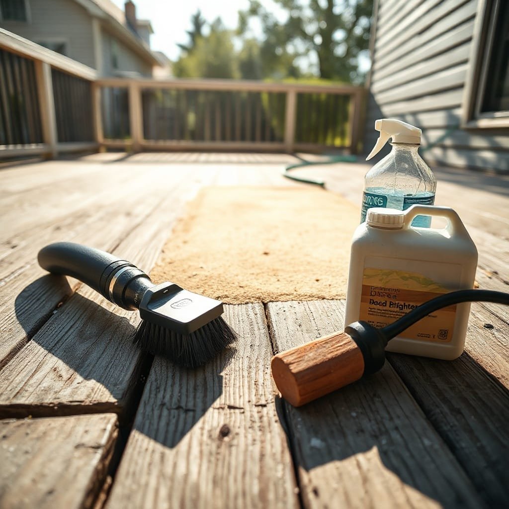 Sunlit wooden deck with weathered gray boards, a cleaned patch revealing honey tones, tools for deck stain application nearby.