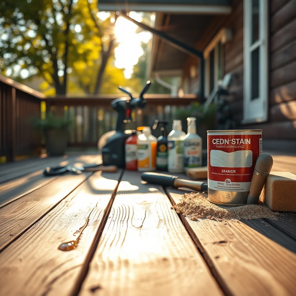 Sunlit wooden deck with hairline cracks, tools for inspection, and a can of deck stain amidst a blurred yard backdrop.