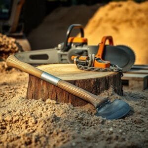 Close-up of a freshly cut oak stump with tools and equipment, illustrating how to pull a stump in warm daylight.