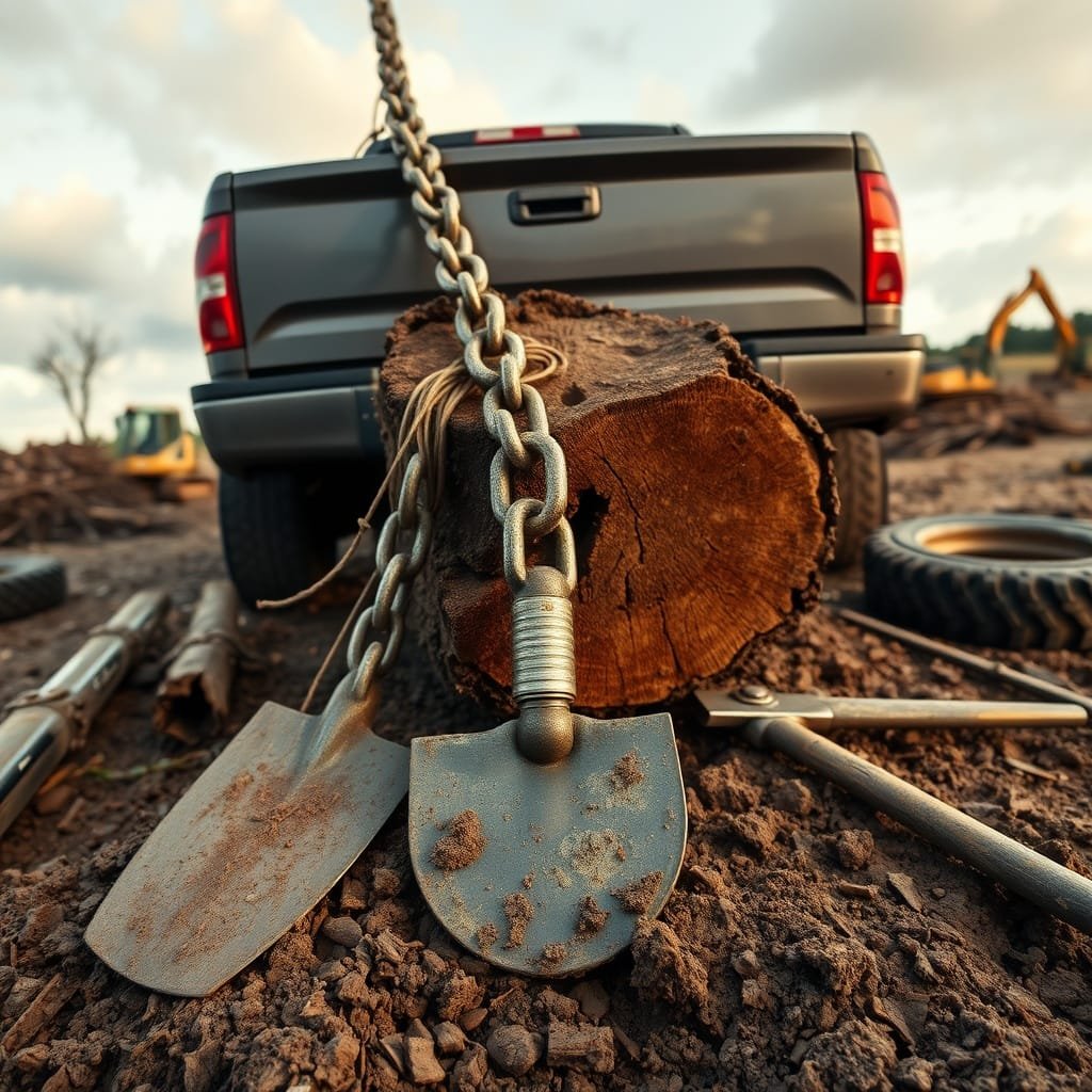 Heavy-duty tow chain connects a truck to a tree stump, illustrating how to pull a stump with tools and equipment nearby.