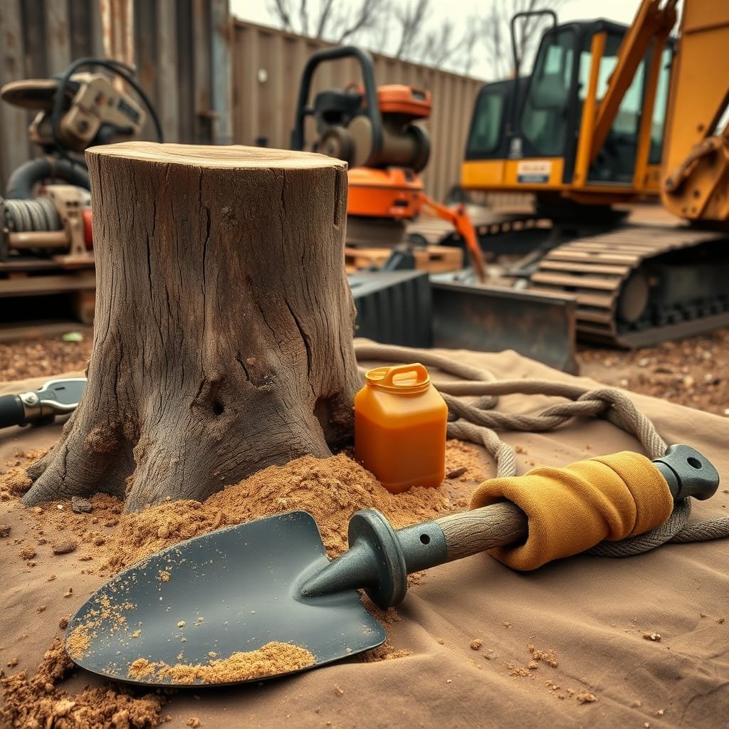 Weathered tree stump with drill holes and jerry can, tools for how to pull a stump on a tarpaulin in warm light.