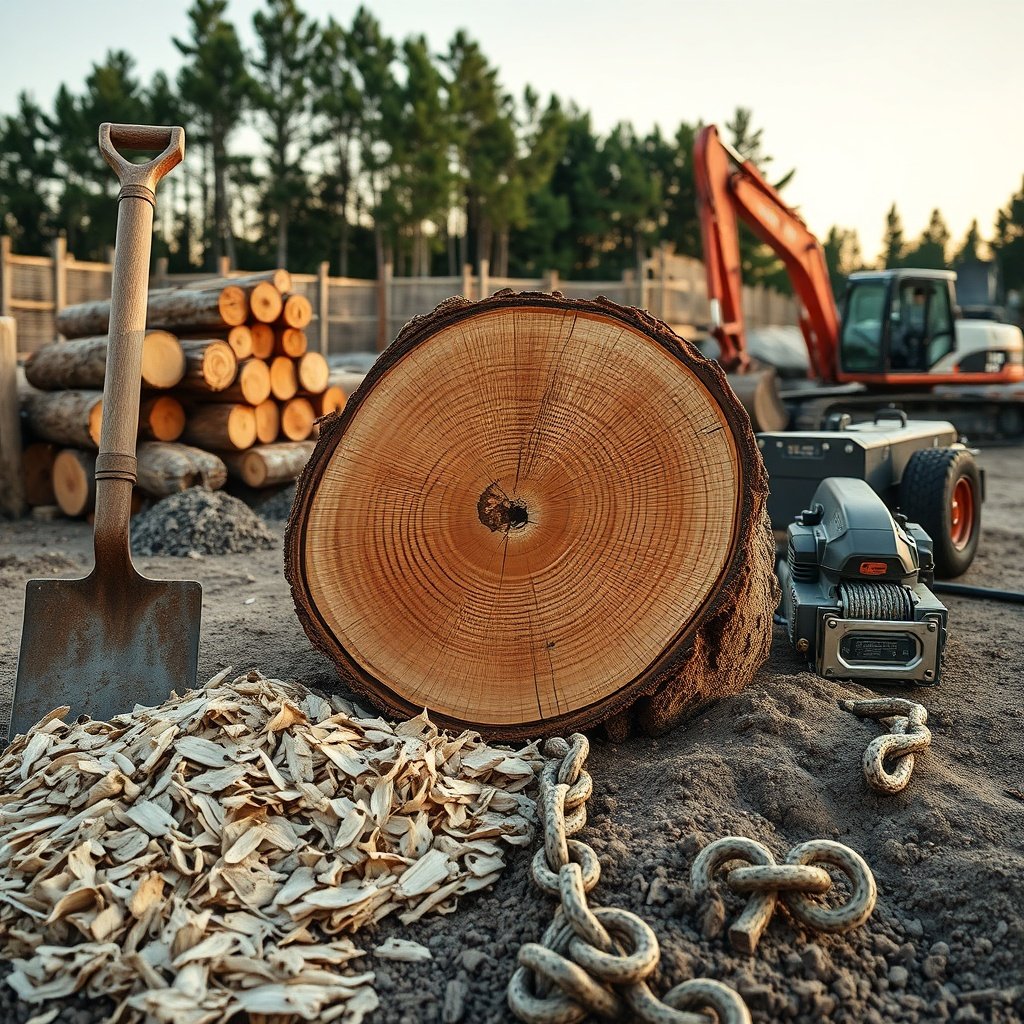 Halved tree stump with tools and wood chips, illustrating how to pull a stump at an outdoor build site under warm sunlight.