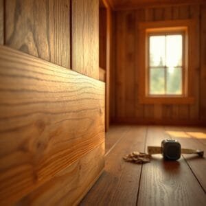 Close-up of smoked-pine panel wainscoting joint, showcasing grain, with wood samples and a tape measure on burlap.
