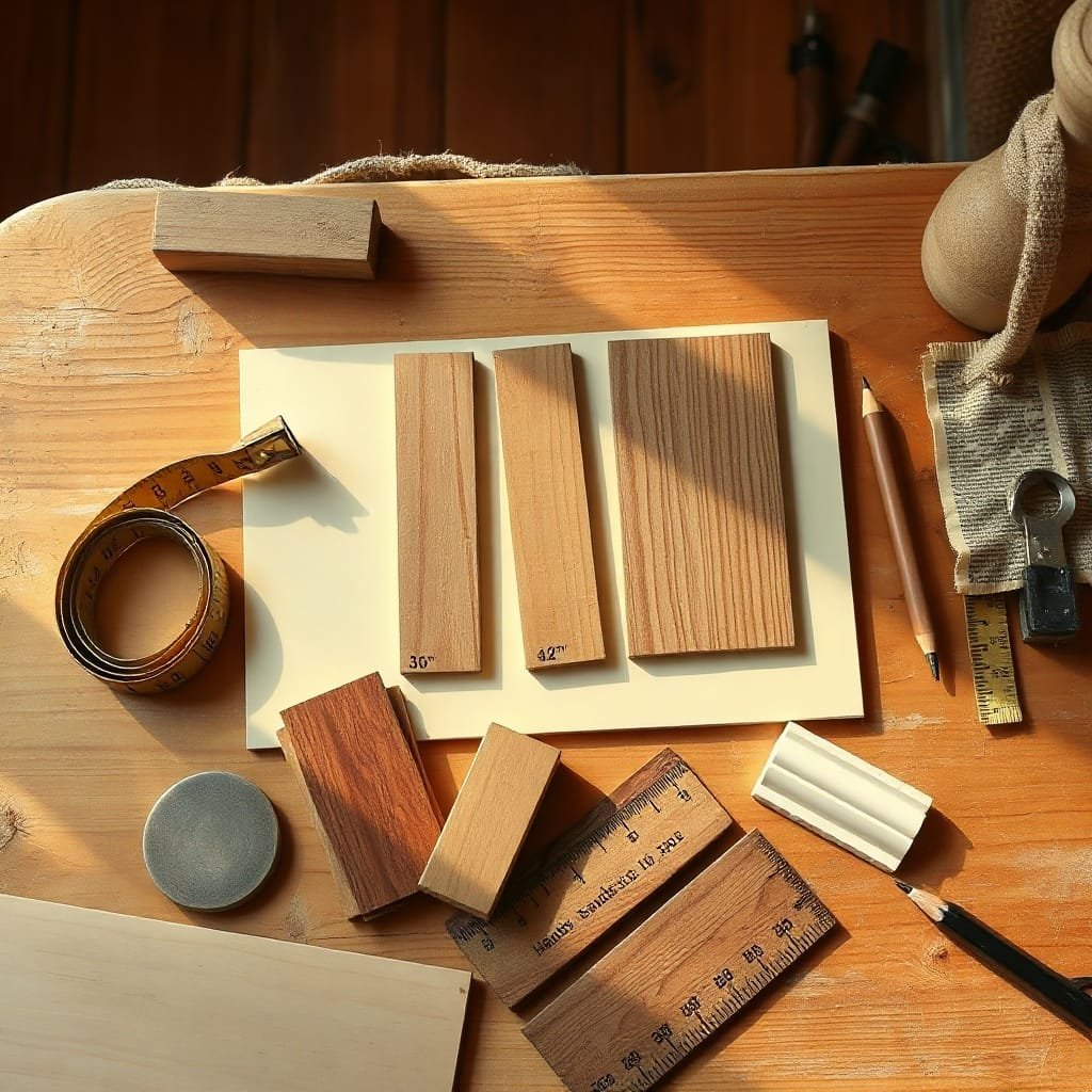 Bird's-eye view of a cabin mock-up featuring panel wainscoting samples, tools, and warm wood textures in soft light.