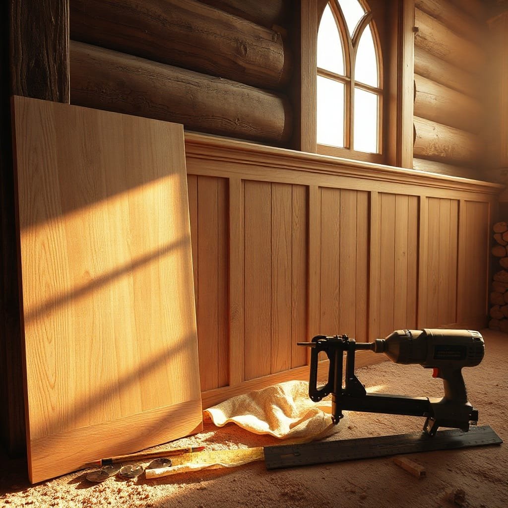 Partially installed panel wainscoting in a rustic cabin, surrounded by tools and warm afternoon light.
