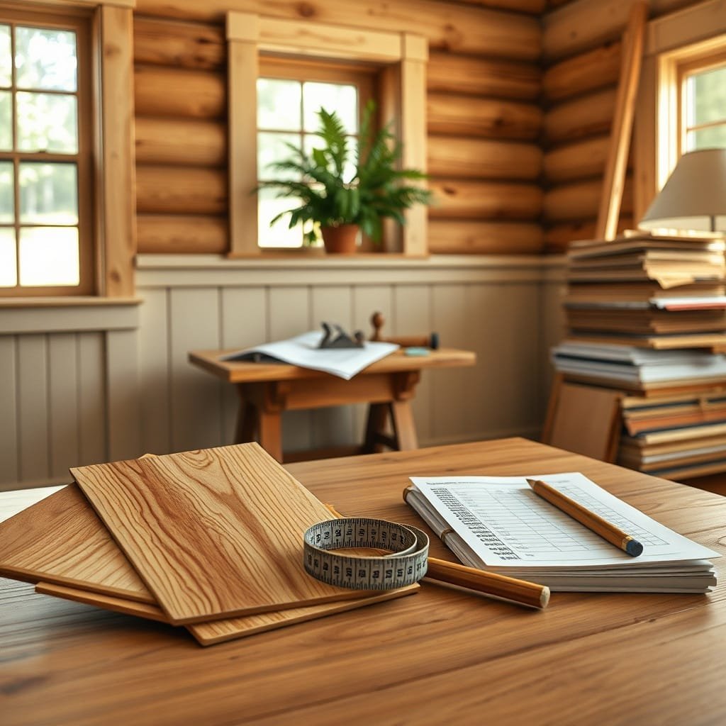 Tabletop scene with wood samples, tools, and panel wainscoting in a rustic cabin, bathed in warm afternoon light.