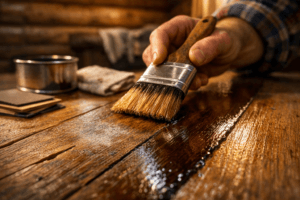Extreme macro of a hardwood plank being restained, showcasing wood grain, a gouge, and a fresh glossy finish.