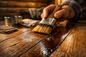 Extreme macro of a hardwood plank being restained, showcasing wood grain, a gouge, and a fresh glossy finish.