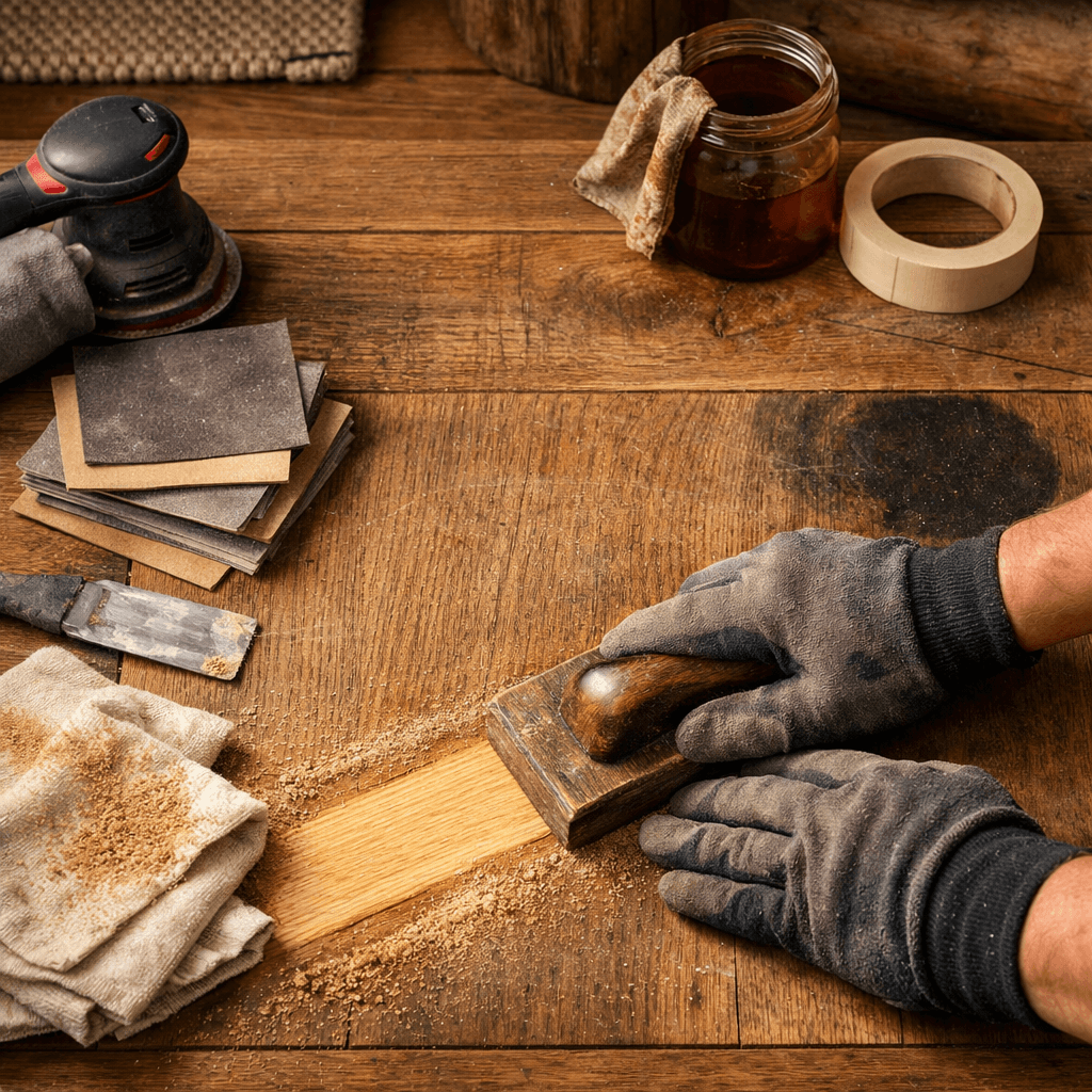 Bird's-eye view of a cabin hardwood floor being prepared to restain, with tools and dust scattered around.
