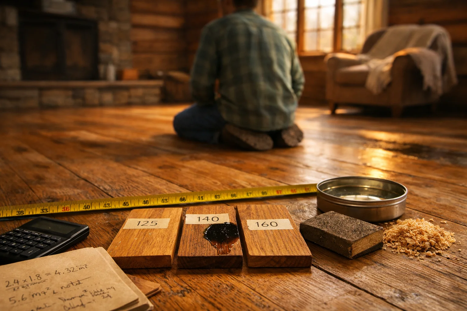 Warm, rustic cabin living area with tools and notes to restain hardwood floors, sunlight creating a cozy atmosphere.