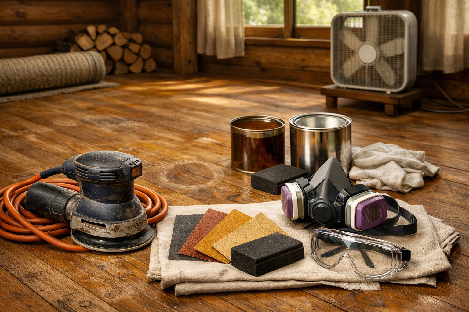 Inside a rustic cabin, tools and safety gear are laid out to restain hardwood floors, illuminated by warm afternoon light.