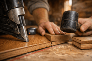Extreme close-up of laying hardwood flooring, showing a plank being fitted with a nailer and mallet in a cozy cabin.