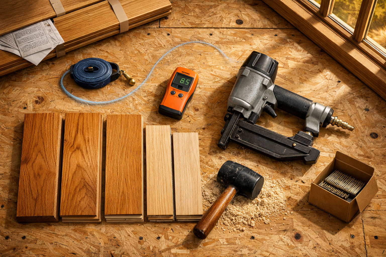 Bird's-eye view of a cabin work area for laying hardwood flooring, featuring tools, planks, and warm afternoon light.