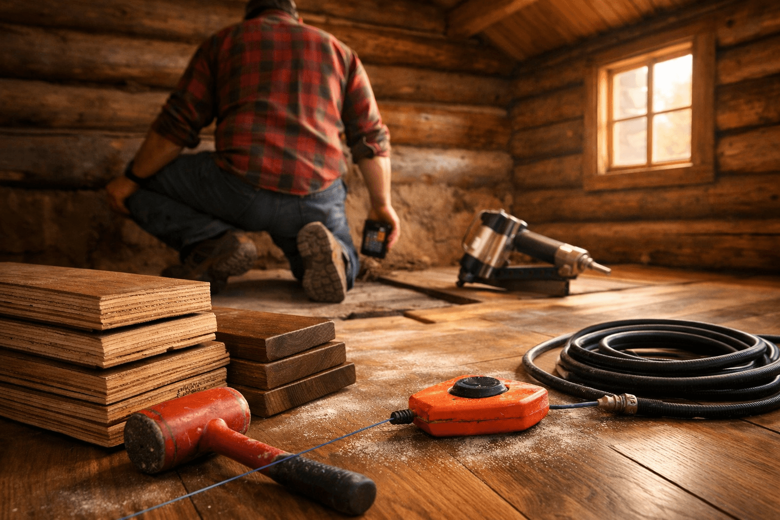 Knee-high view of a rustic cabin interior, focusing on laying hardwood flooring with tools and an installer in action.