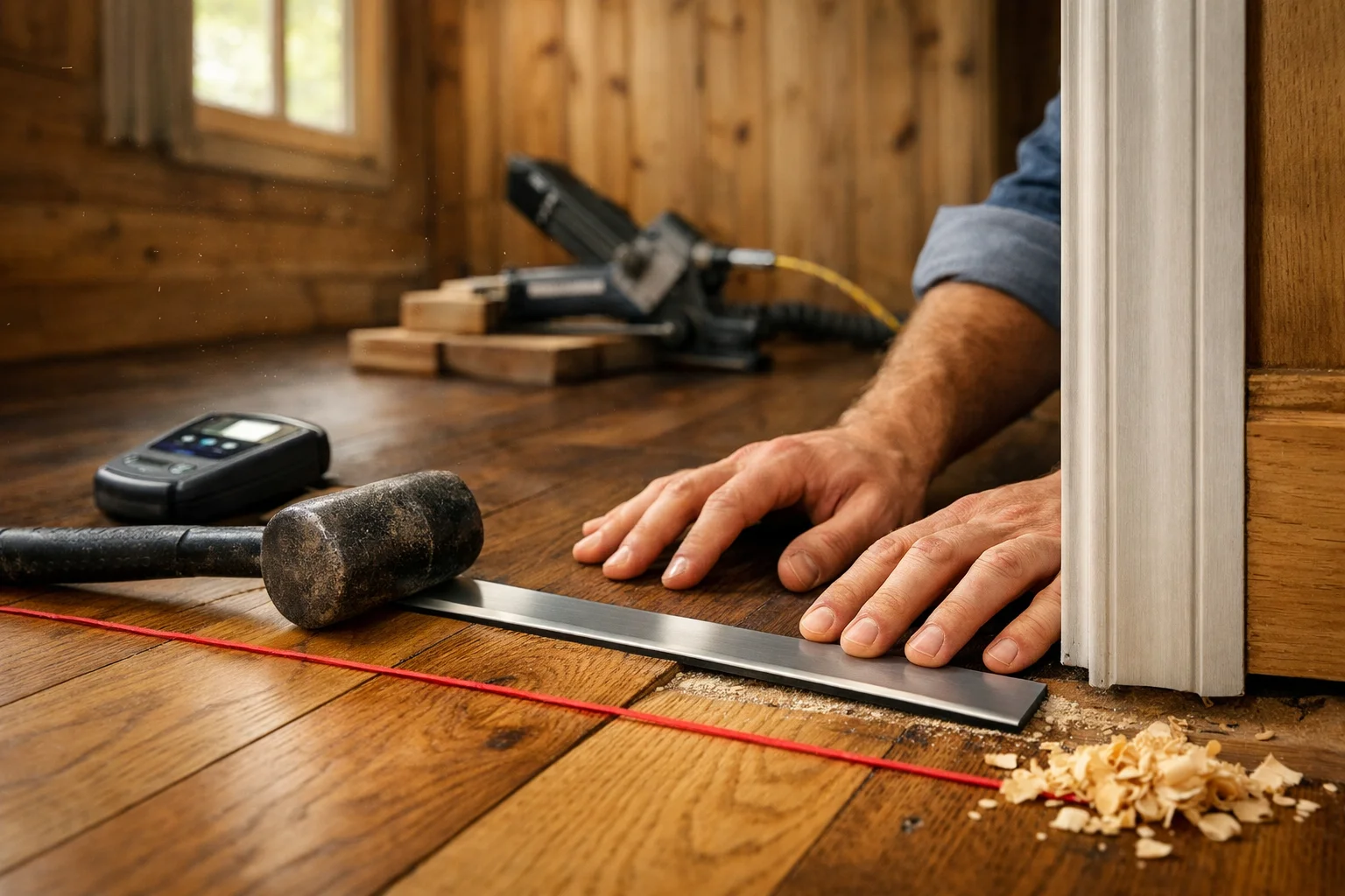 Faceless hands guide a transition strip while laying hardwood flooring, with tools and warm cabin light creating a cozy scene.