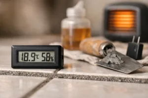 Macro shot of a grout joint on tile, hygrometer, trowel, and sealer, illustrating grouting and sealing in a workspace.