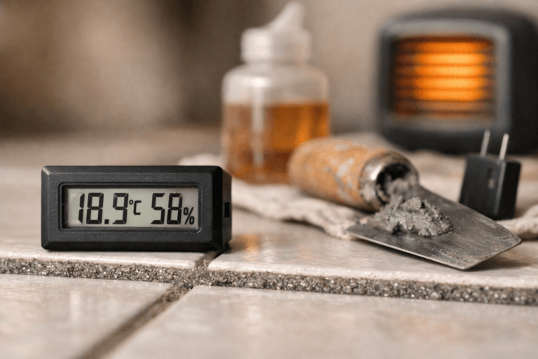 Macro shot of a grout joint on tile, hygrometer, trowel, and sealer, illustrating grouting and sealing in a workspace.