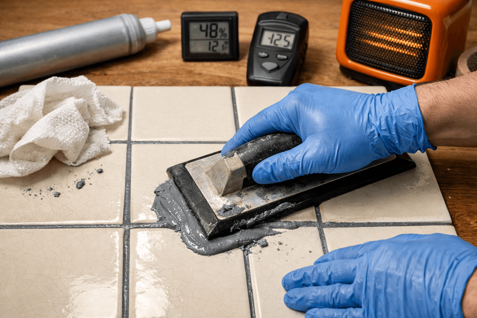 Gloved hands grouting and sealing ceramic tile joints with grey epoxy, tools and materials neatly arranged on a workbench.