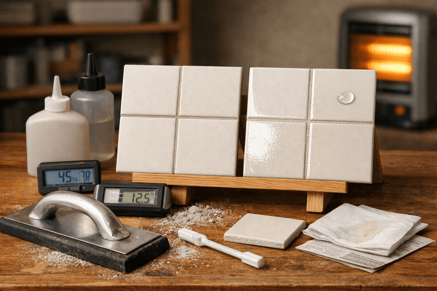Workbench scene comparing tile samples for grouting and sealing, showcasing matte and glossy finishes with tools and meters.