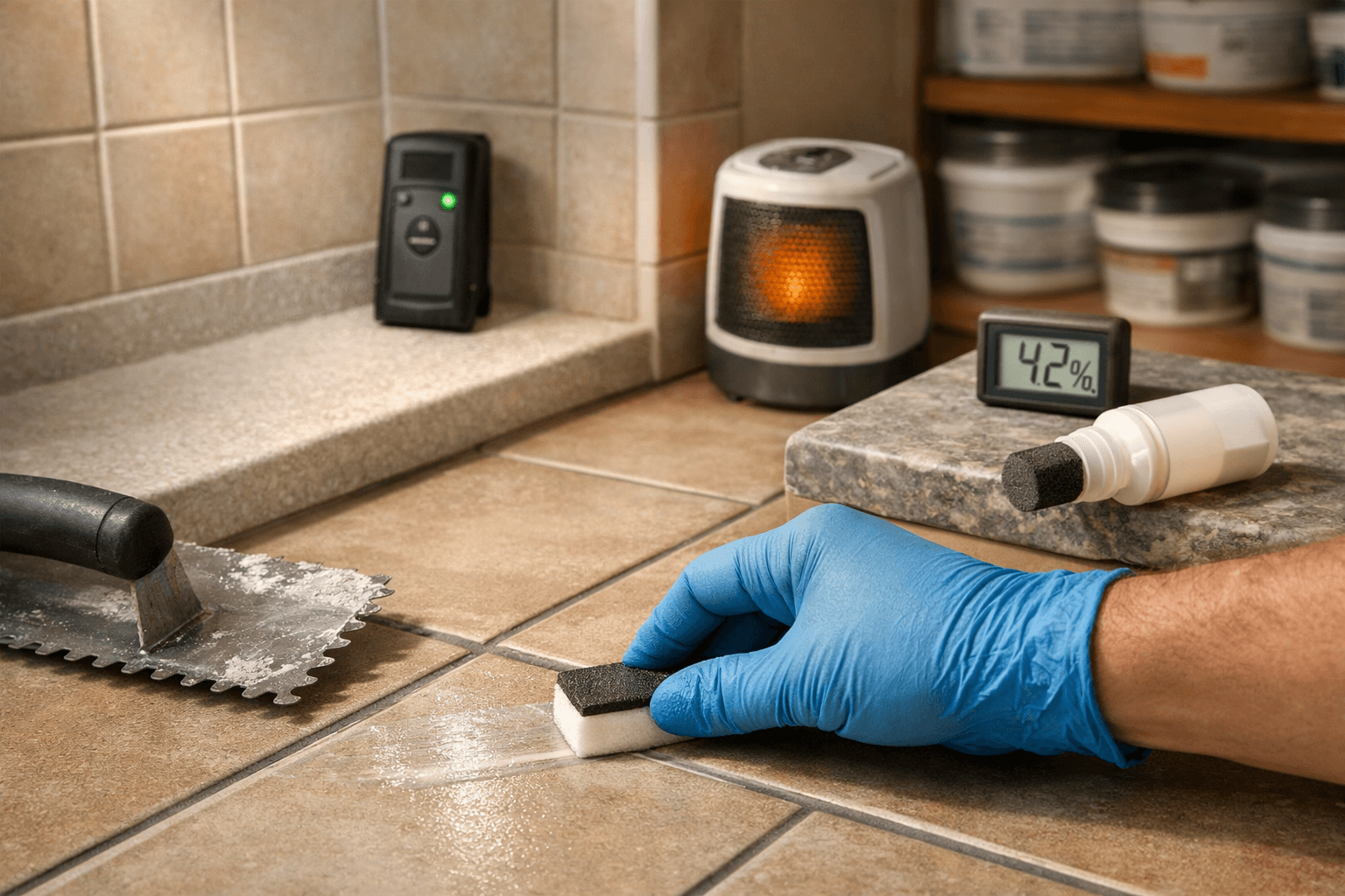 Gloved hand grouting and sealing porcelain tiles, with a shower corner, hygrometer, and grout supplies in a warm-lit space.