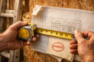 Close-up of hands measuring a plan with a tape measure, showcasing DIY work transforming sheds into tiny houses.