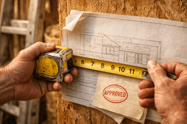 Close-up of hands measuring a plan with a tape measure, showcasing DIY work transforming sheds into tiny houses.