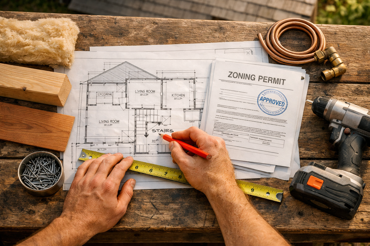 Bird's-eye view of architectural plans and tools on a workbench, planning sheds into tiny house projects in warm sunlight.