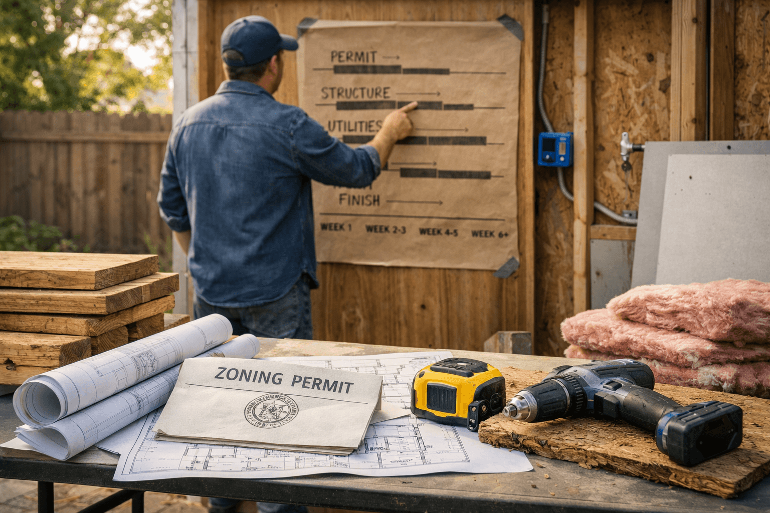 A homeowner points at a timeline on a shed door, converting sheds into tiny house; tools and plans on a worktable.