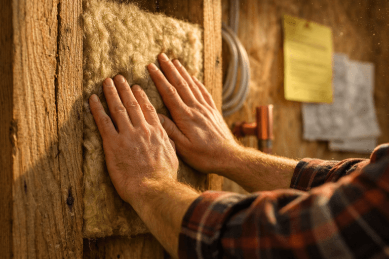 Macro shot of hands pressing insulation into a shed wall, highlighting cozy textures in tiny homes from sheds.