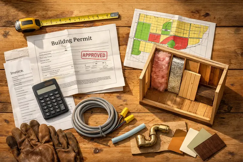 Overhead view of a work table with a permit, zoning map, shed model, and cost-related props, illustrating tiny homes from sheds.