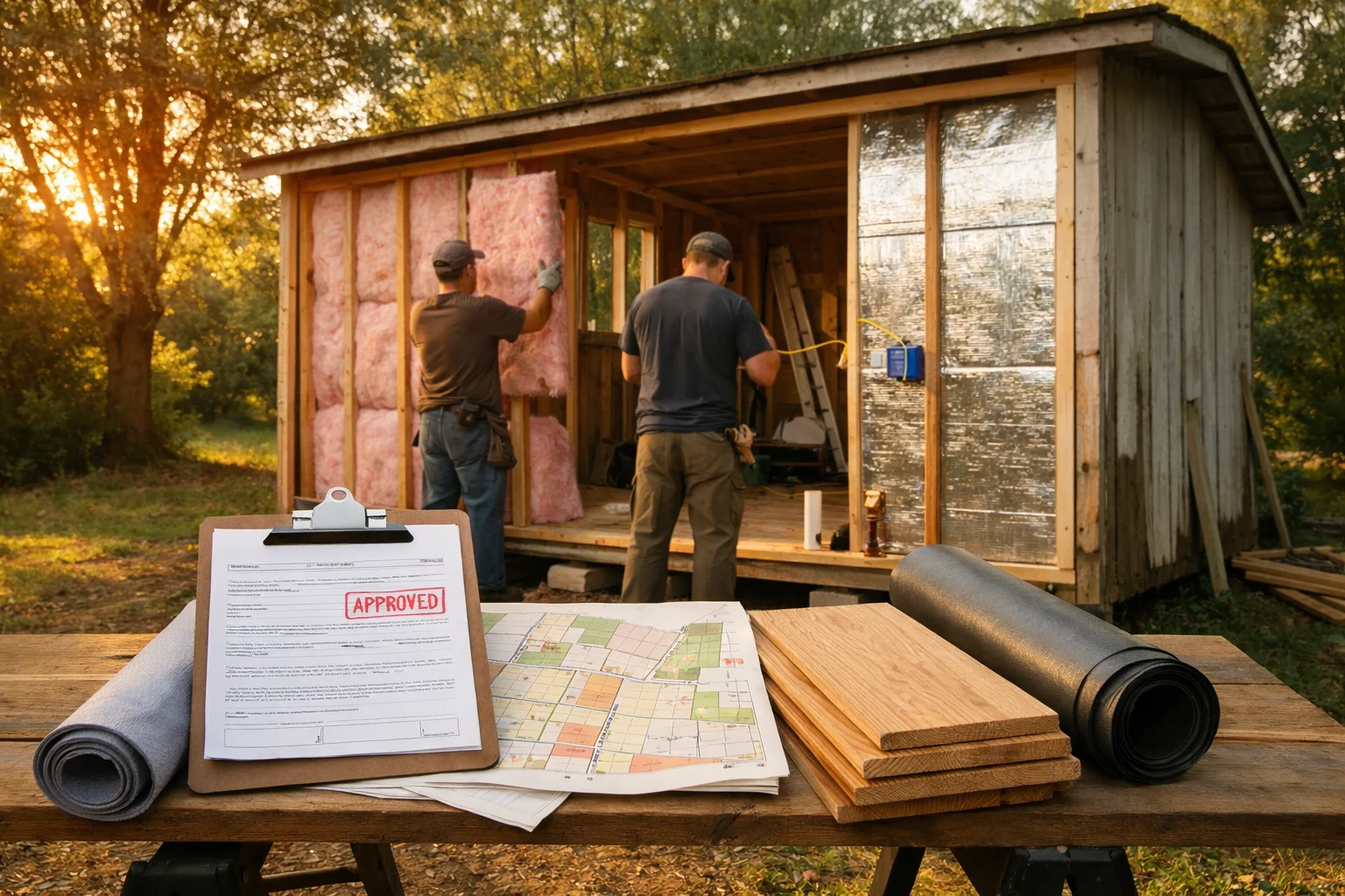 Sunlit construction lot at golden hour shows a shed conversion into tiny homes from sheds, with workers and materials visible.