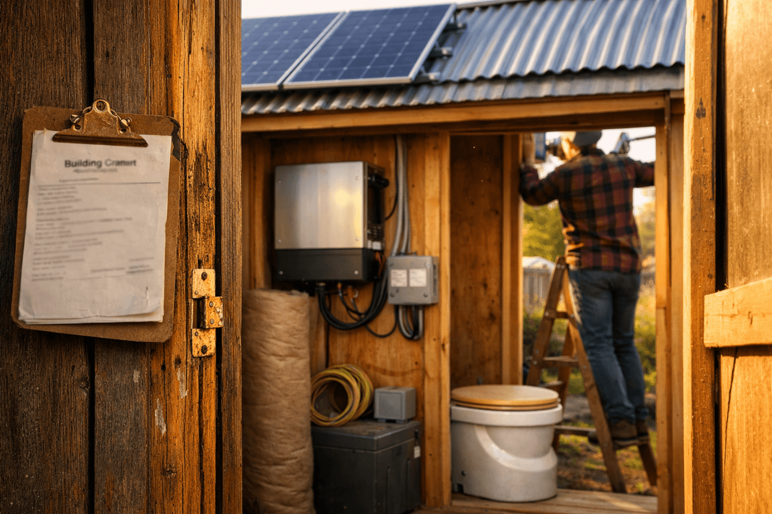 A person adjusts solar panels on a shed, showcasing off-grid systems in a warm, sunlit garden for tiny homes from sheds.