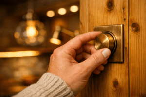 A hand adjusts a brass dimmer on warm pine paneling, showcasing cozy lighting for a cabin with soft bokeh effects.