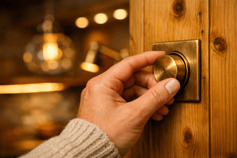 A hand adjusts a brass dimmer on warm pine paneling, showcasing cozy lighting for a cabin with soft bokeh effects.