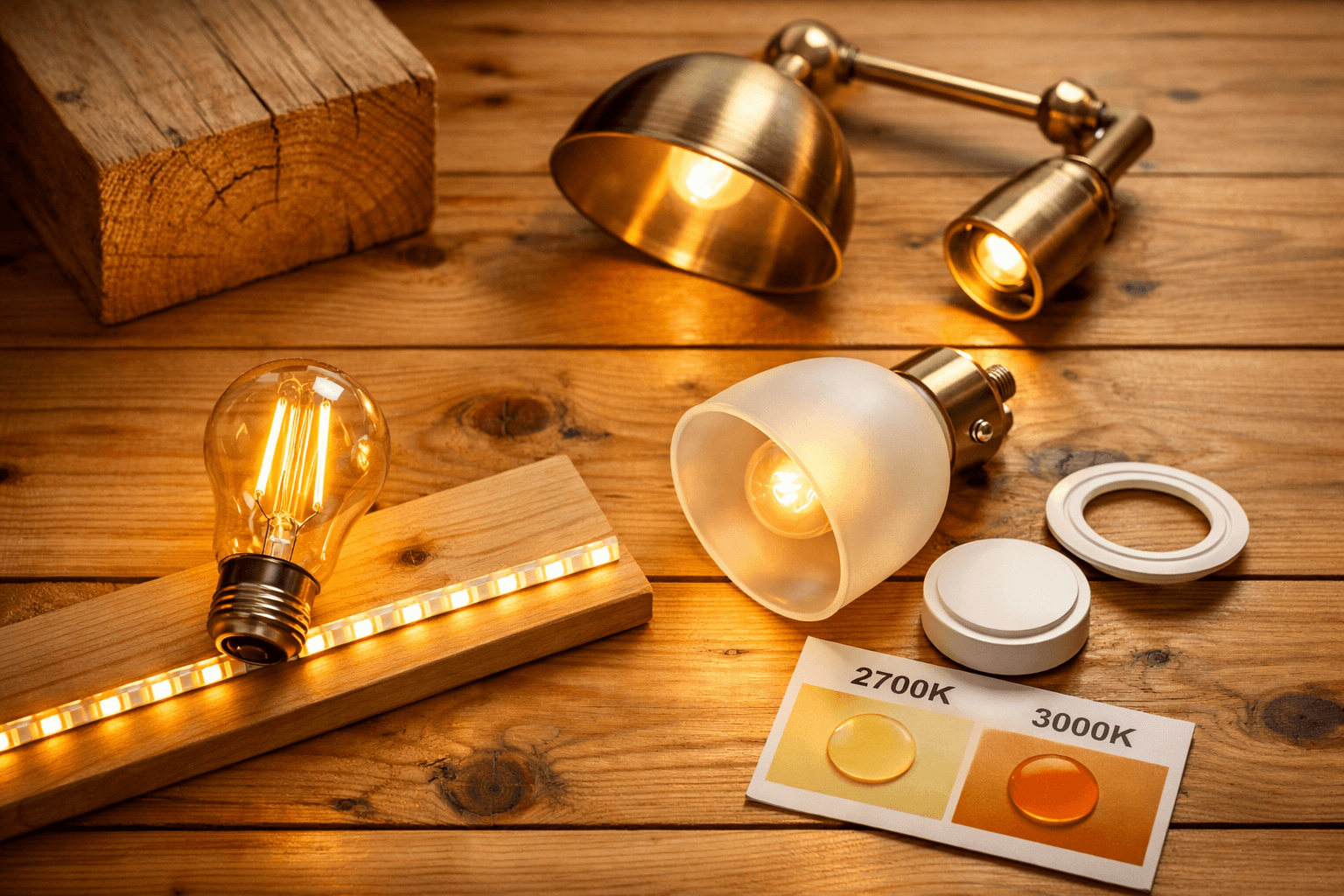 Warm lighting for a cabin: amber LED bulb, brass fixtures, and wood textures create a cozy, rustic atmosphere.
