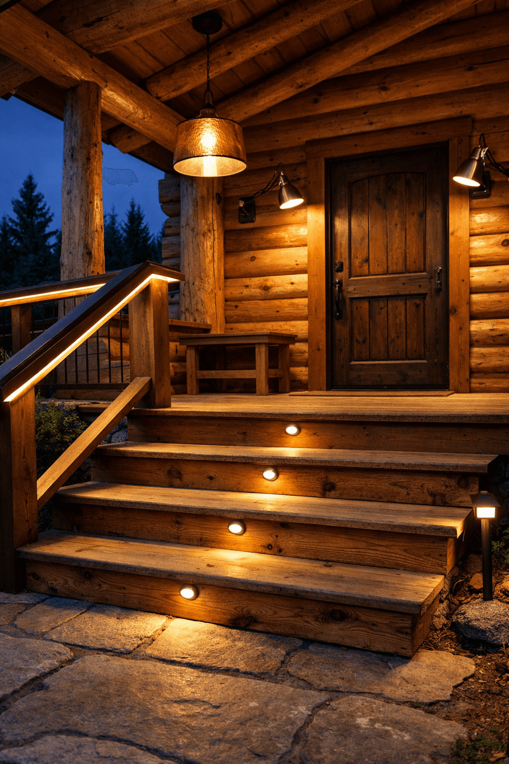 Wide-angle twilight photo of a knotty-pine cabin porch, showcasing cozy lighting for a cabin and safe entry features.