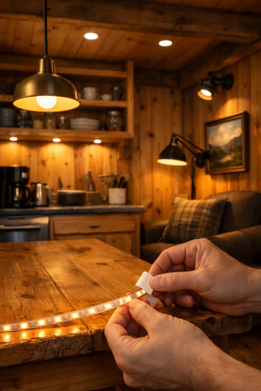 Cozy knotty-pine cabin kitchen with warm lighting for a cabin; hands peel LED strip, creating a homely DIY atmosphere.