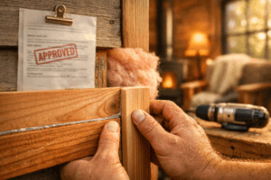 Close-up of hands fitting cedar trim in a shed as a house, warm light highlighting wood grain and soft textures.