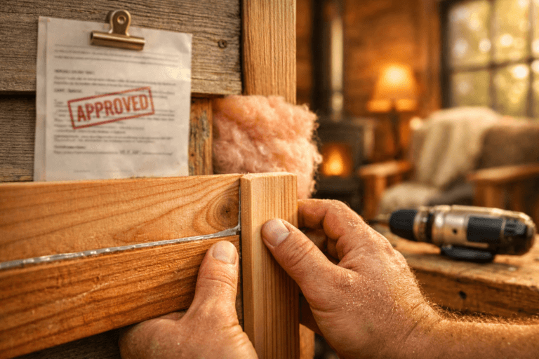 Close-up of hands fitting cedar trim in a shed as a house, warm light highlighting wood grain and soft textures.