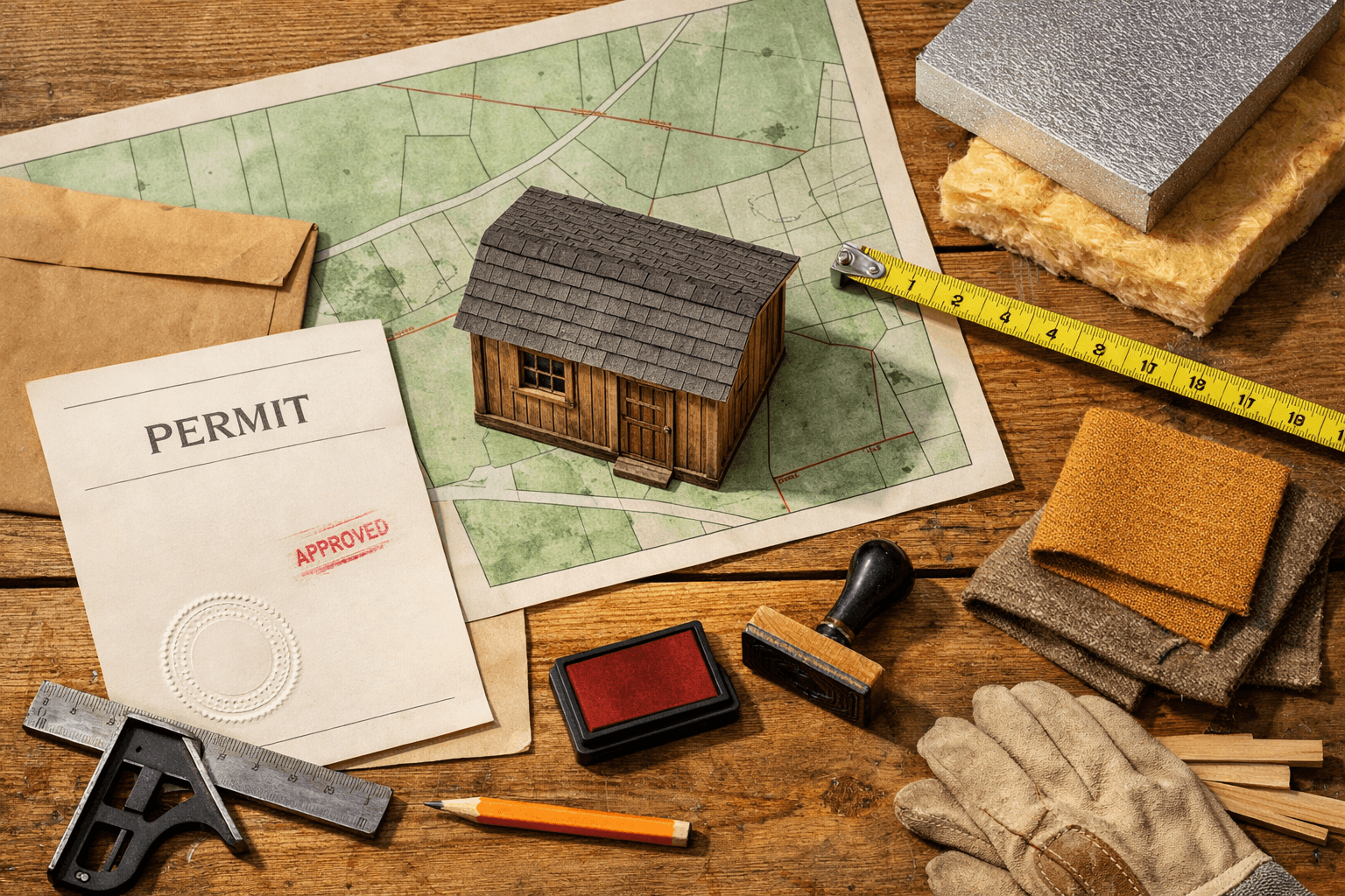 Bird's-eye view of a wooden shed model, zoning map, permits, and construction samples on a sunlit workbench. Shed as a house.