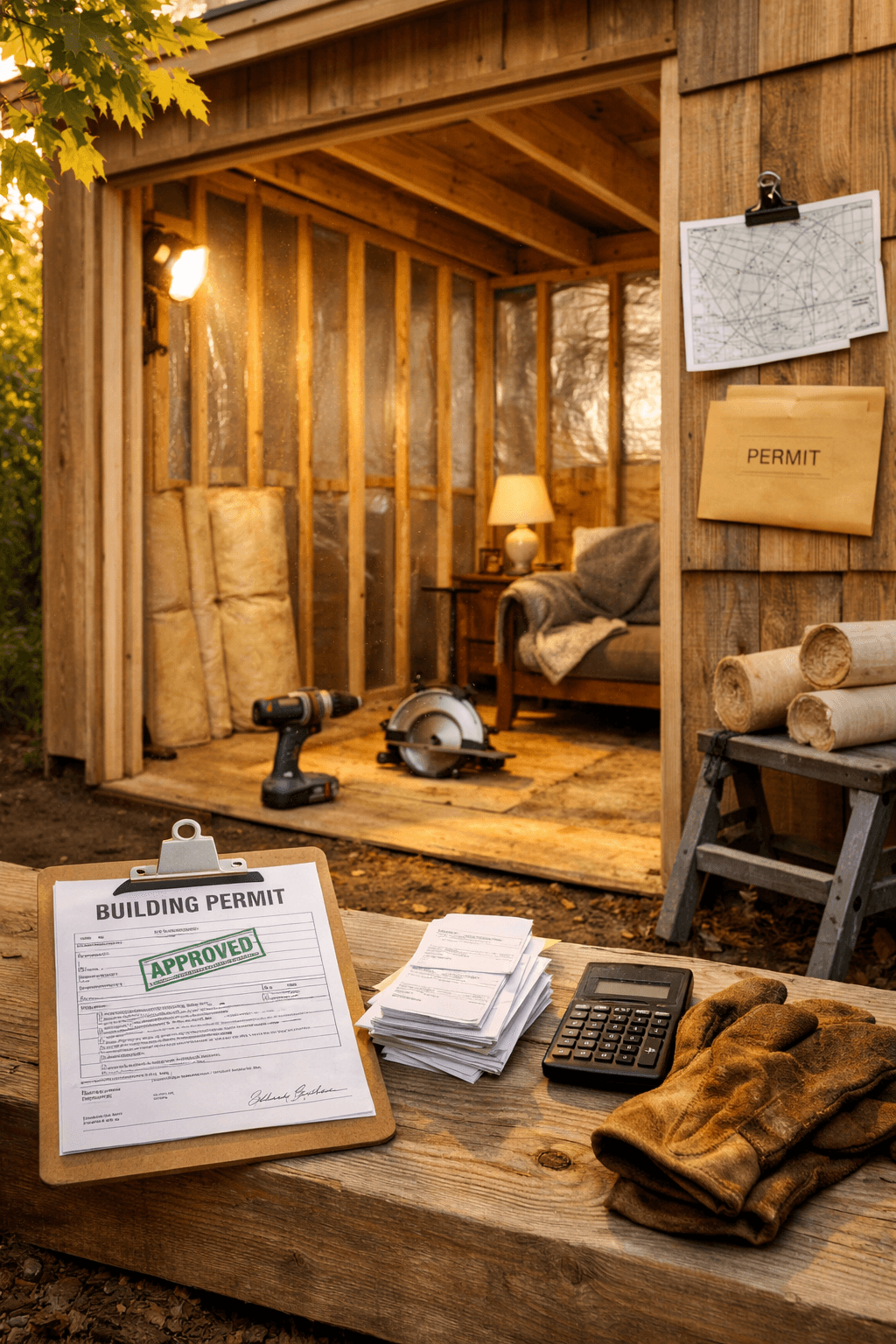 A warm late-afternoon view of a shed as a house, mid-conversion, with tools and materials for tiny living inside.