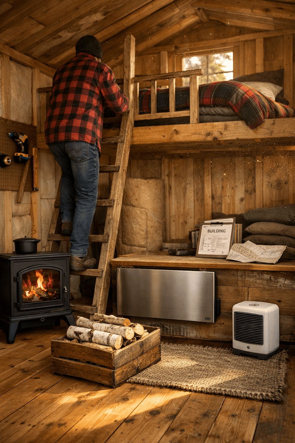 A cozy shed as a house interior, featuring a figure climbing to a loft bed, with heating options and warm sunlight.