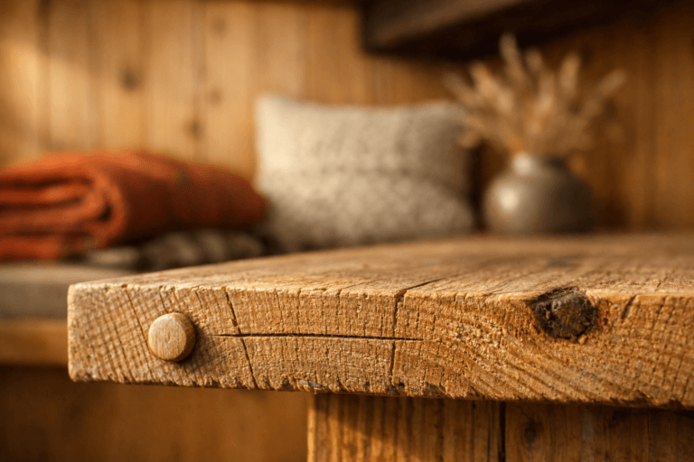Extreme macro of a rough-sawn pine shelf edge, showcasing cabin rustic details, warm light, and cozy textures.