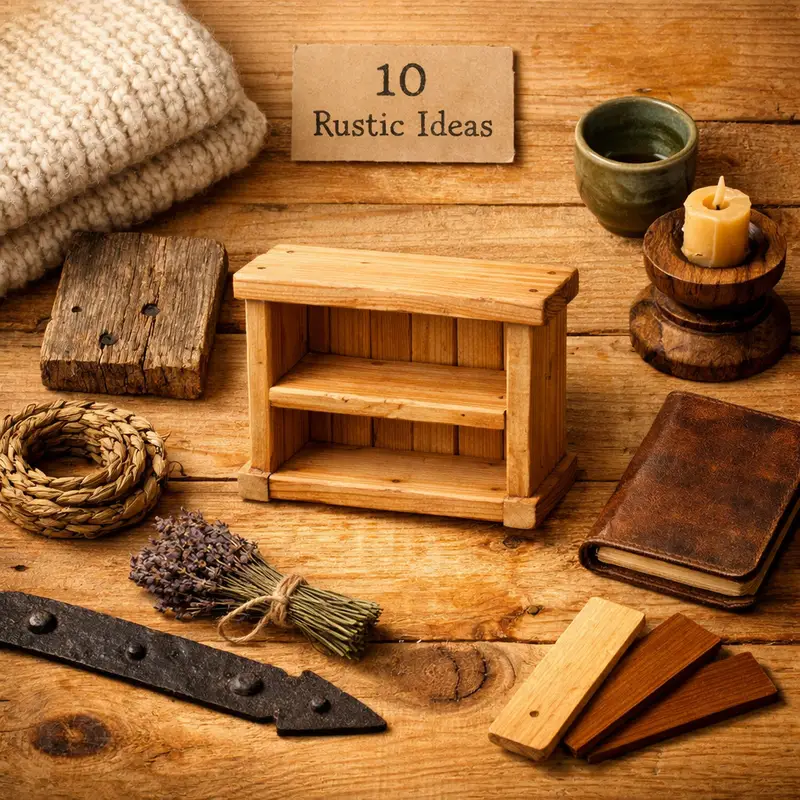 Warm flat-lay of cabin rustic decor samples on pine board, featuring a handcrafted shelf and cozy textiles in soft light.